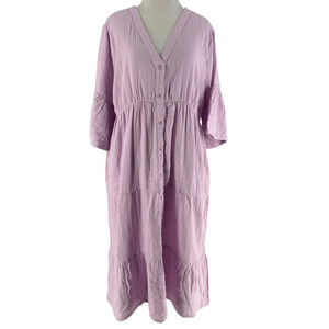 Pact Lilac Coastal Organic Cotton Double Gauze Button Front Tiered Dress Large